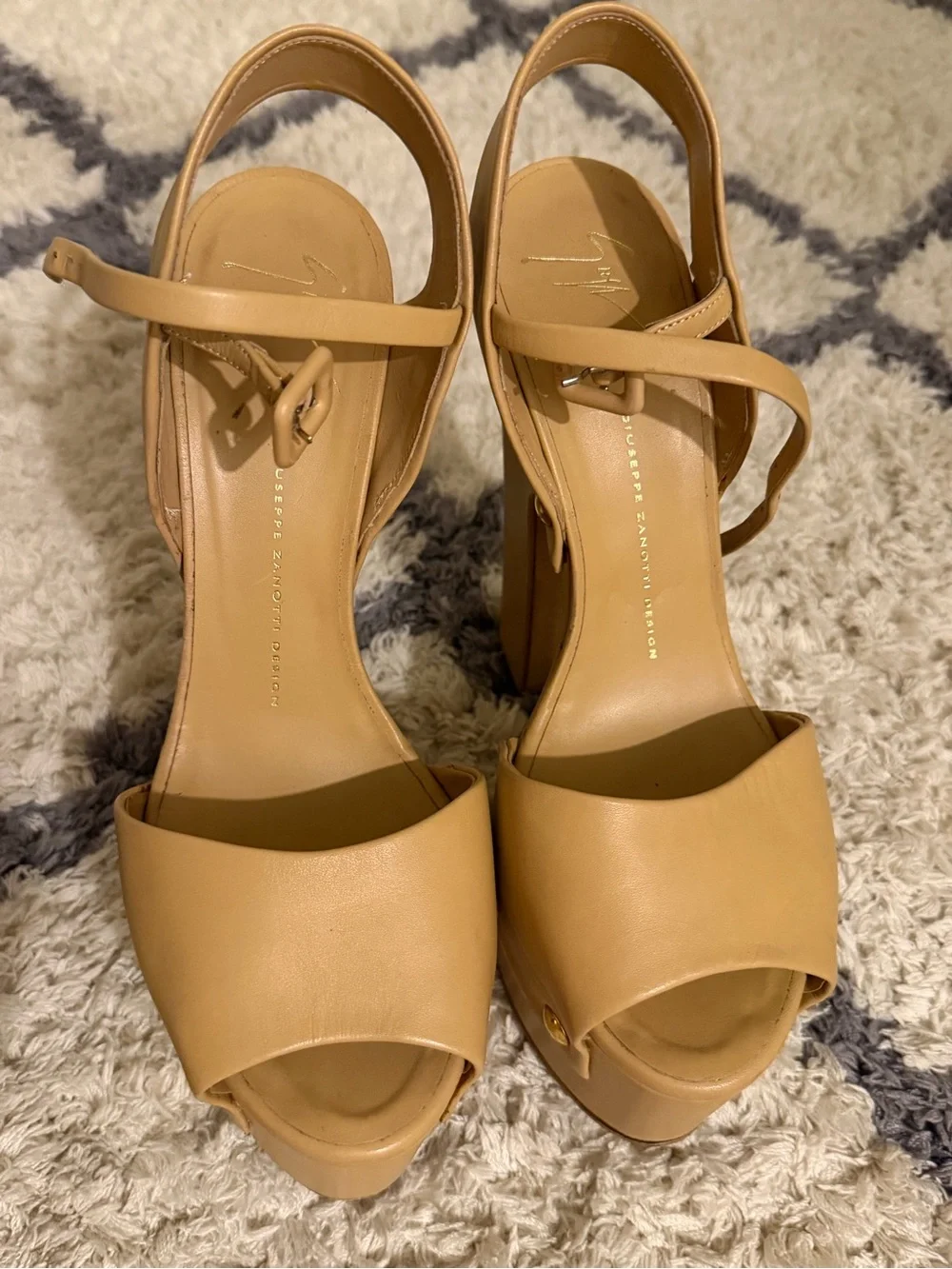 Giuseppe Zanotti Tan Platform Peep-Toe Sandals with Gold Studs